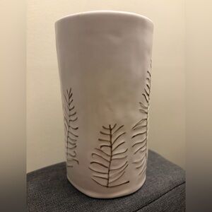 West Elm Cream White Ceramic Stoneware Cylinder Vase with Fern Leaf Design
